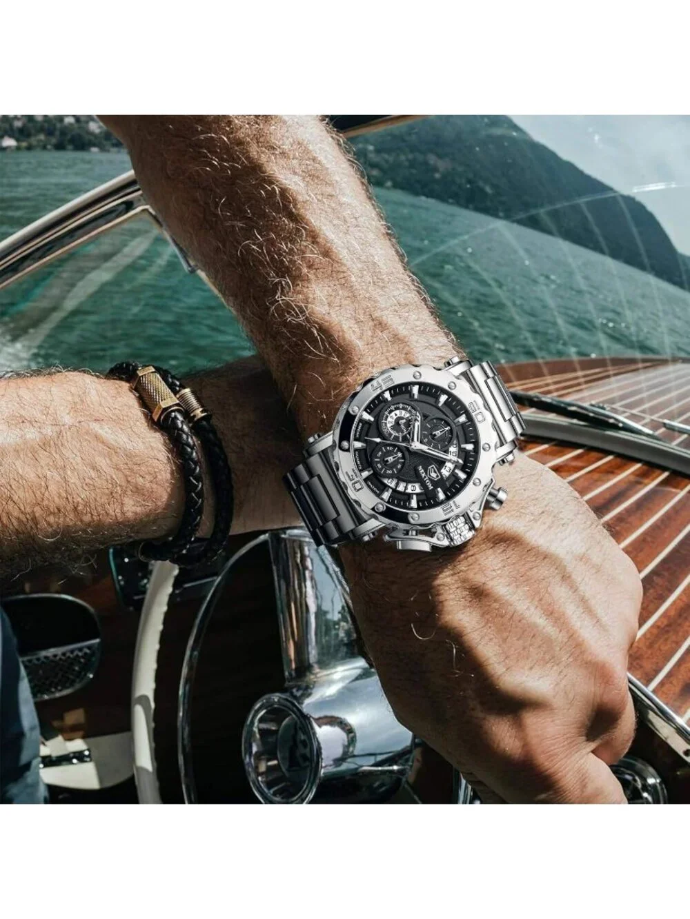 Men Silver Stainless Steel Analog Chronograph 3ATM Waterproof Luxury Wrist Watch